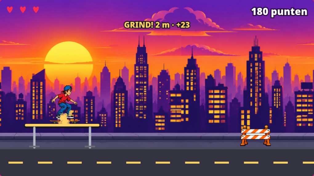 Screenshot van Skate Dash: skater springt over obstakels met pizza en frisdrank in de lucht